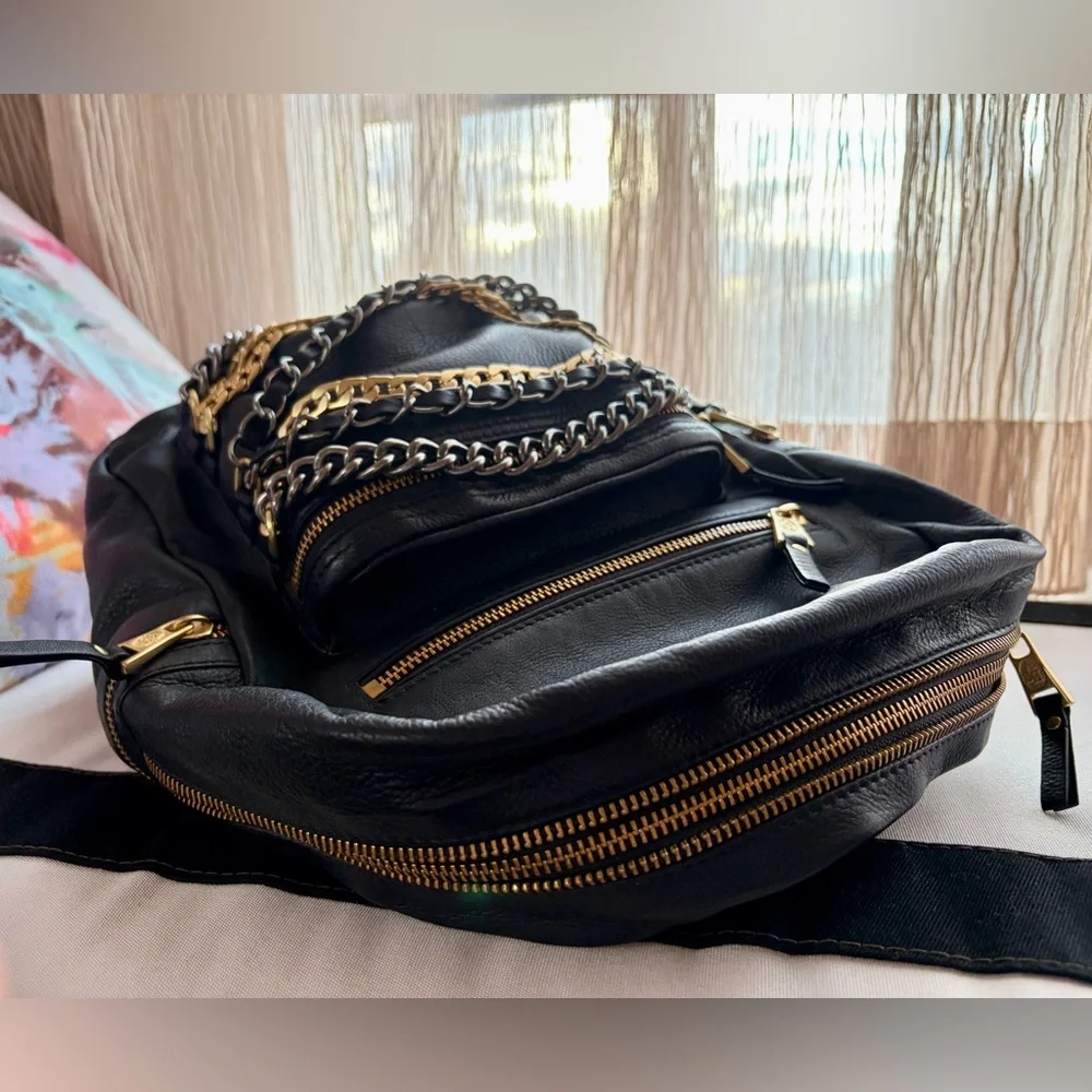 Ash Black Leather Backpack with Gold Chain Accents - Picture 3 of 8